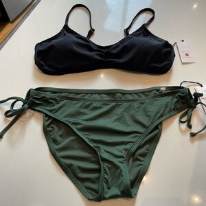 🆕 Shade & Shore Ribbed Bralette Black Bikini and Green Keyhole Tie Bikini Size L
